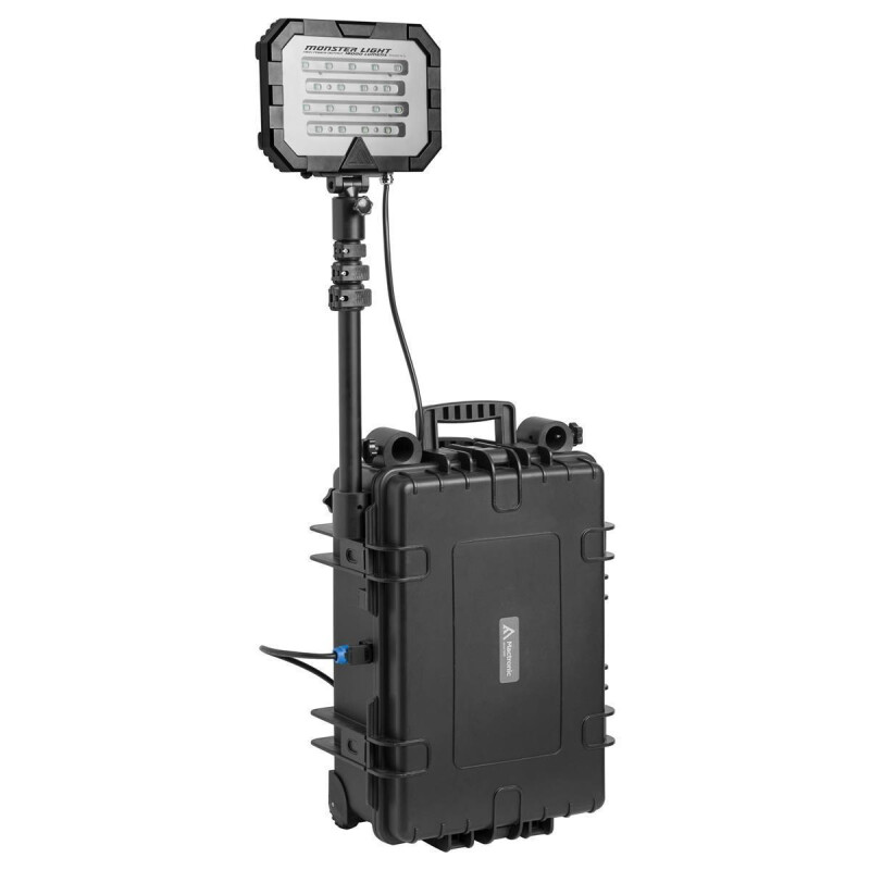 Flutlicht, Mactronic SINGLE 50Ah 18000 lm, wiederaufladbar, Set (Akku, 1x Kopf, 1x Teleskopstange, 230V Ladegerät, Koffer, 3x Filter), Box