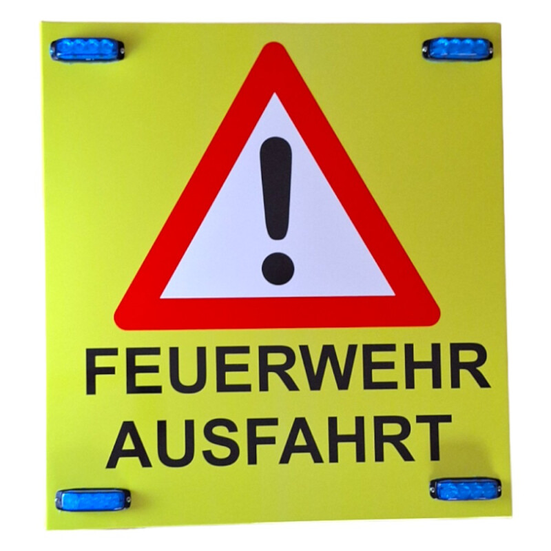 Feuerwehr Ausfahrt - LED Warnschild mit LED Blaulicht-Blitzmodulen, 65x70 cm, 4 Blitzmodule, blau, reflektierend inkl. Rohrschellenhalterung